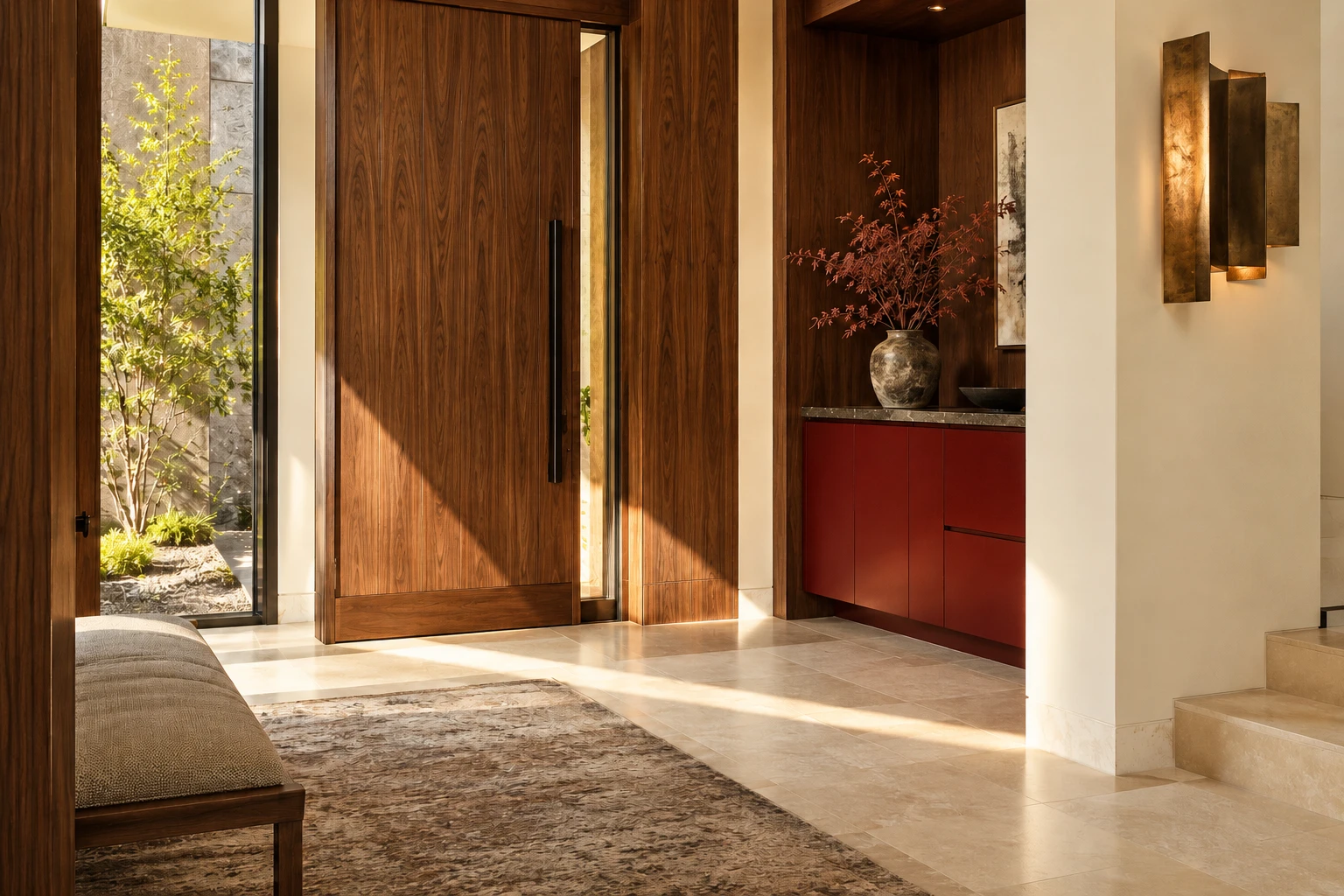 Honey-toned daylight across a walnut entry, pale stone and barn-red cabinetry