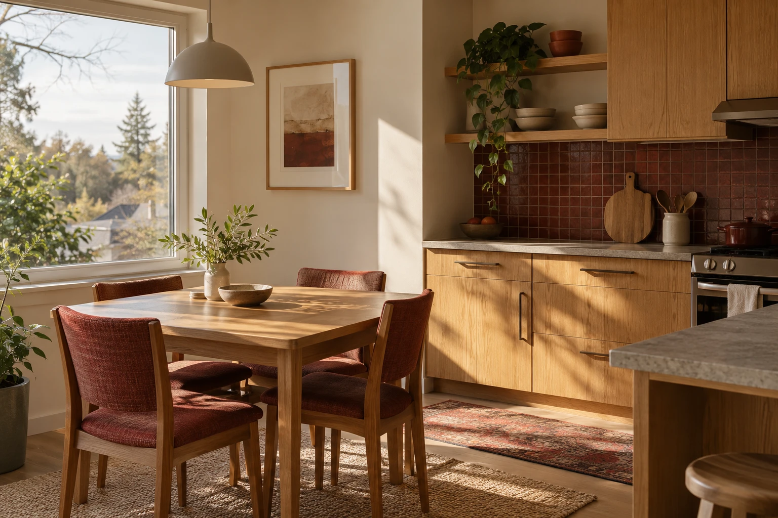 An illustrative residential kitchen and dining corner in natural light