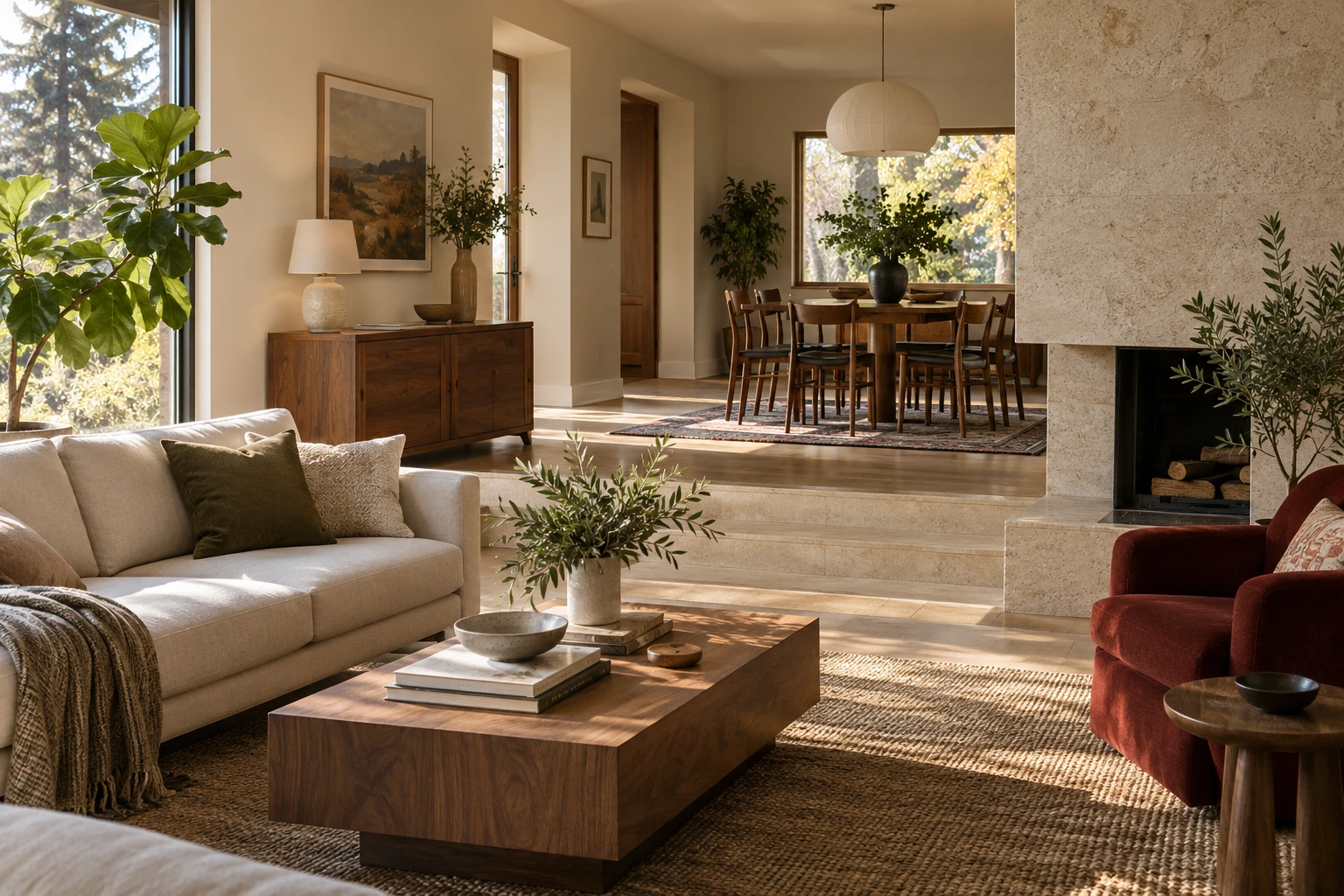 An illustrative residential living space with rich materials and natural daylight