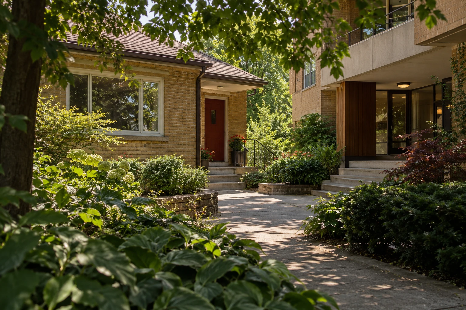 An illustrative residential setting framed through foliage and architecture