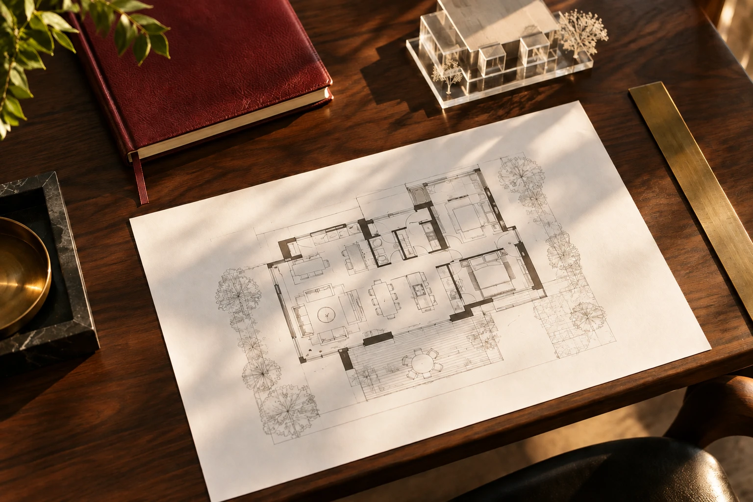An illustrative wordless architectural plan, barn-red notebook and clear model