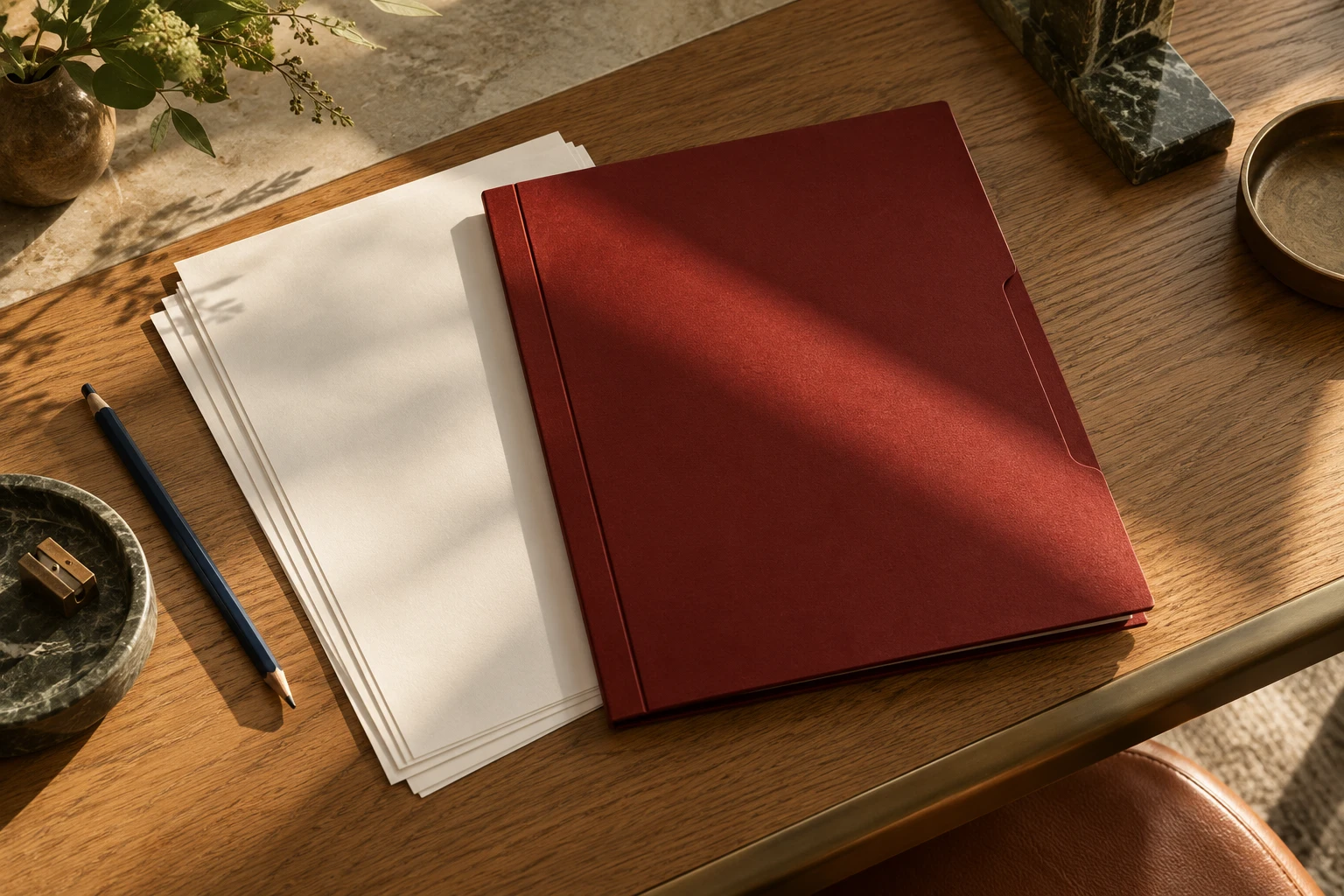Wordless business papers and a barn-red folder arranged in daylight