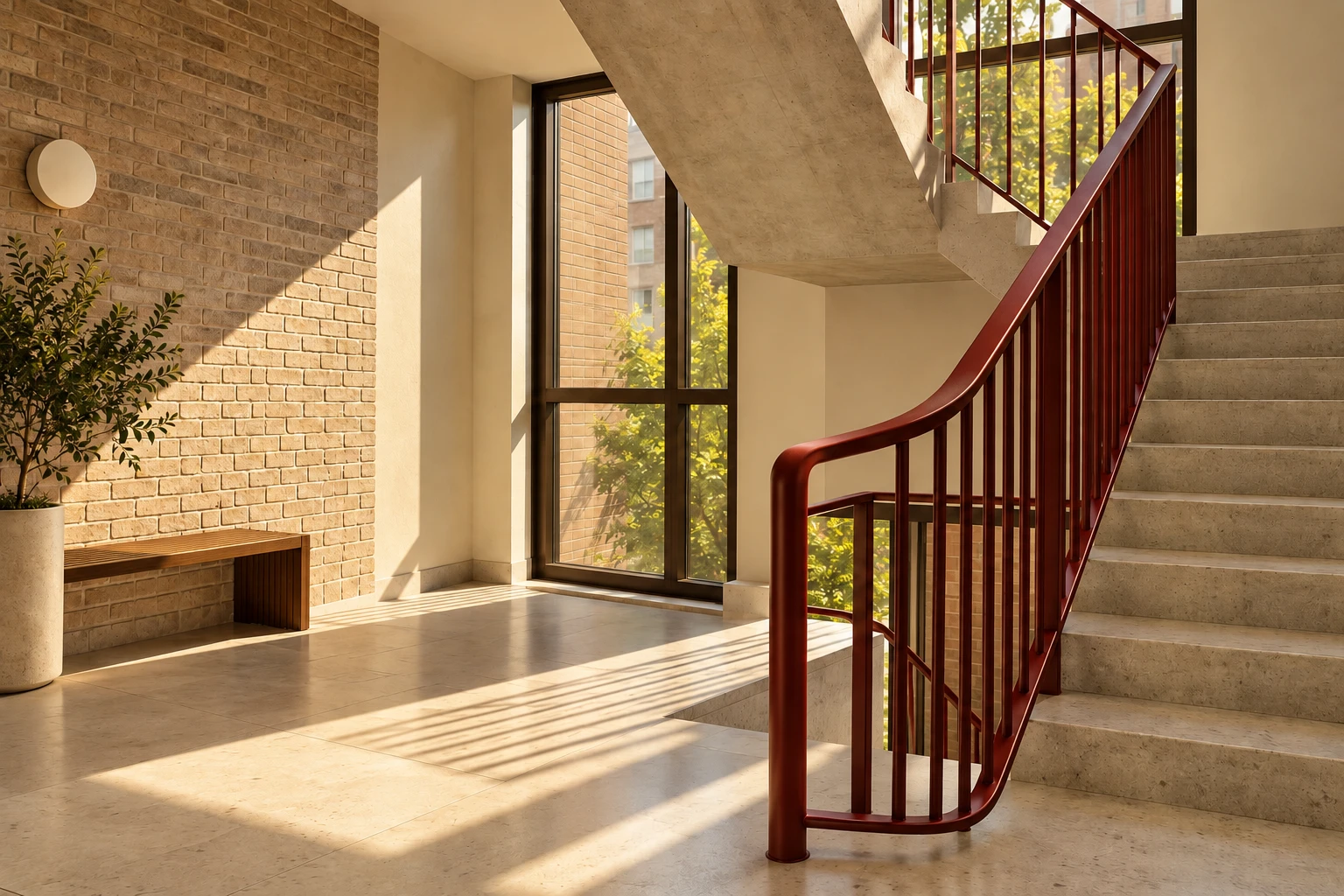 Sunlight across a communal stair landing with a barn-red handrail