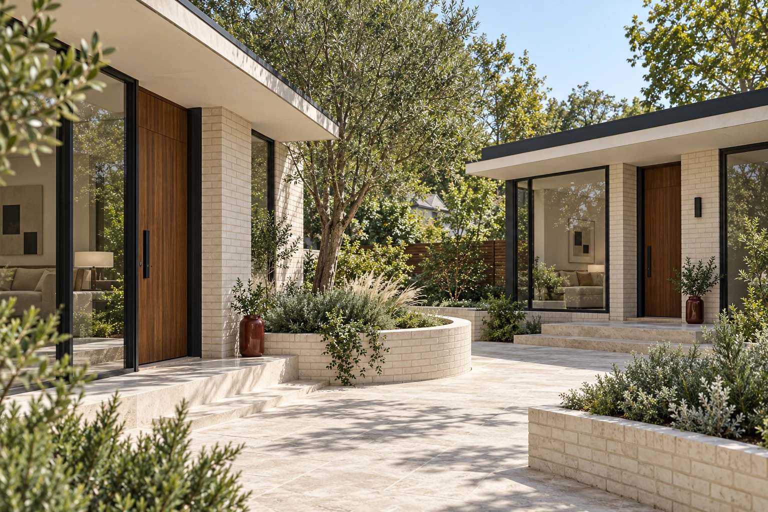 Two modernist homes around a bright shared courtyard, an illustrative architectural scene